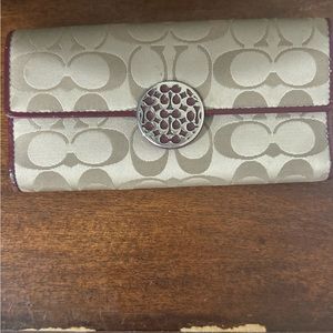 COACH  Bifold Wallet w/ Silver Coach Emblem and Elegant Maroon Leather Trim
